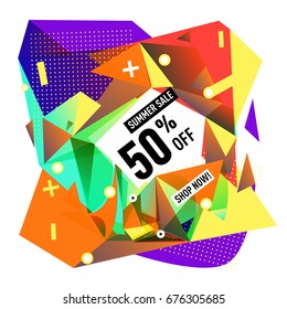Summer sale geometric style web banner. Fashion and travel discount. Vector holiday Abstract colorful illustration with special offers and promotions.