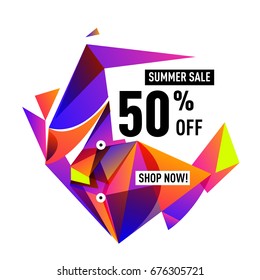 Summer sale geometric style web banner. Fashion and travel discount. Vector holiday Abstract colorful illustration with special offers and promotions.