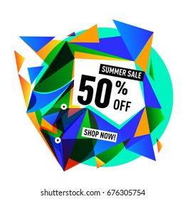 Summer sale geometric style web banner. Fashion and travel discount. Vector holiday Abstract colorful illustration with special offers and promotions.