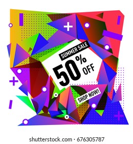 Summer sale geometric style web banner. Fashion and travel discount. Vector holiday Abstract colorful illustration with special offers and promotions.