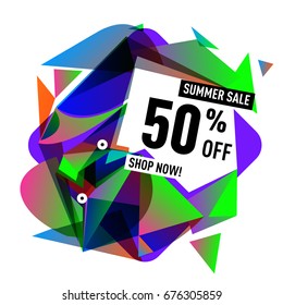 Summer sale geometric style web banner. Fashion and travel discount. Vector holiday Abstract colorful illustration with special offers and promotions.