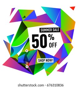 Summer sale geometric style web banner. Fashion and travel discount. Vector holiday Abstract colorful illustration with special offers and promotions.