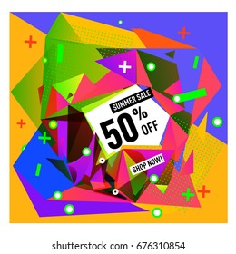 Summer sale geometric style web banner. Fashion and travel discount. Vector holiday Abstract colorful illustration with special offers and promotions.