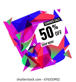 Summer sale geometric style web banner. Fashion and travel discount. Vector holiday Abstract colorful illustration with special offers and promotions.