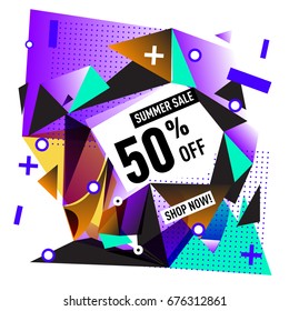 Summer sale geometric style web banner. Fashion and travel discount. Vector holiday Abstract colorful illustration with special offers and promotions.