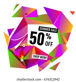 Summer sale geometric style web banner. Fashion and travel discount. Vector holiday Abstract colorful illustration with special offers and promotions.