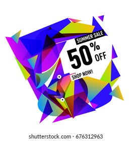 Summer sale geometric style web banner. Fashion and travel discount. Vector holiday Abstract colorful illustration with special offers and promotions.