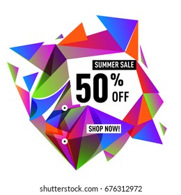 Summer sale geometric style web banner. Fashion and travel discount. Vector holiday Abstract colorful illustration with special offers and promotions.