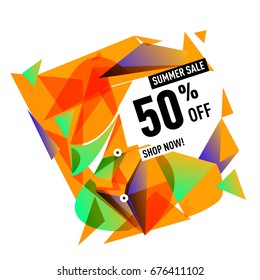 Summer sale geometric style web banner. Fashion and travel discount. Vector holiday Abstract colorful illustration with special offers and promotions.