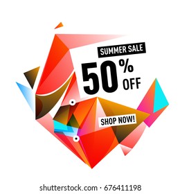 Summer sale geometric style web banner. Fashion and travel discount. Vector holiday Abstract colorful illustration with special offers and promotions.