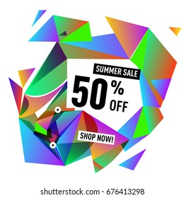 Summer sale geometric style web banner. Fashion and travel discount. Vector holiday Abstract colorful illustration with special offers and promotions.