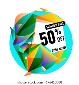 Summer sale geometric style web banner. Fashion and travel discount. Vector holiday Abstract colorful illustration with special offers and promotions.