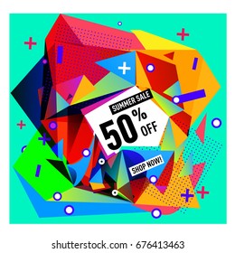 Summer sale geometric style web banner. Fashion and travel discount. Vector holiday Abstract colorful illustration with special offers and promotions.