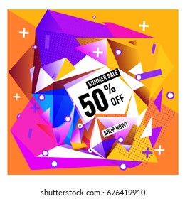 Summer sale geometric style web banner. Fashion and travel discount. Vector holiday Abstract colorful illustration with special offers and promotions.