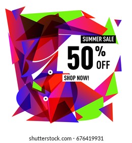 Summer sale geometric style web banner. Fashion and travel discount. Vector holiday Abstract colorful illustration with special offers and promotions.