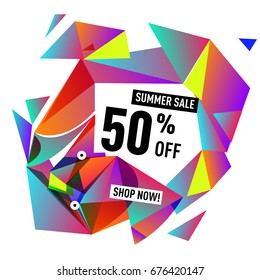 Summer sale geometric style web banner. Fashion and travel discount. Vector holiday Abstract colorful illustration with special offers and promotions.
