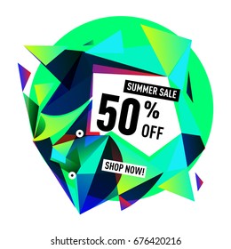 Summer sale geometric style web banner. Fashion and travel discount. Vector holiday Abstract colorful illustration with special offers and promotions.