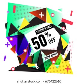 Summer sale geometric style web banner. Fashion and travel discount. Vector holiday Abstract colorful illustration with special offers and promotions.