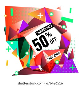 Summer sale geometric style web banner. Fashion and travel discount. Vector holiday Abstract colorful illustration with special offers and promotions.