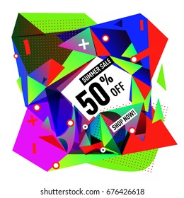 Summer sale geometric style web banner. Fashion and travel discount. Vector holiday Abstract colorful illustration with special offers and promotions.