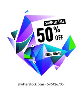 Summer sale geometric style web banner. Fashion and travel discount. Vector holiday Abstract colorful illustration with special offers and promotions.