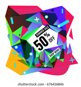 Summer sale geometric style web banner. Fashion and travel discount. Vector holiday Abstract colorful illustration with special offers and promotions.