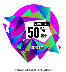 Summer sale geometric style web banner. Fashion and travel discount. Vector holiday Abstract colorful illustration with special offers and promotions.
