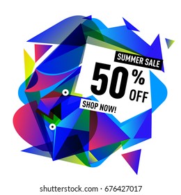 Summer sale geometric style web banner. Fashion and travel discount. Vector holiday Abstract colorful illustration with special offers and promotions.