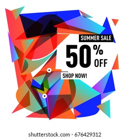 Summer sale geometric style web banner. Fashion and travel discount. Vector holiday Abstract colorful illustration with special offers and promotions.