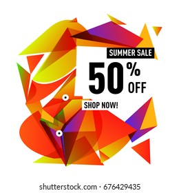 Summer sale geometric style web banner. Fashion and travel discount. Vector holiday Abstract colorful illustration with special offers and promotions.