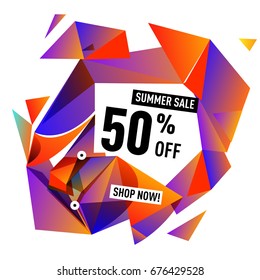 Summer sale geometric style web banner. Fashion and travel discount. Vector holiday Abstract colorful illustration with special offers and promotions.