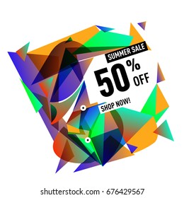 Summer sale geometric style web banner. Fashion and travel discount. Vector holiday Abstract colorful illustration with special offers and promotions.