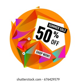 Summer sale geometric style web banner. Fashion and travel discount. Vector holiday Abstract colorful illustration with special offers and promotions.