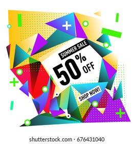 Summer sale geometric style web banner. Fashion and travel discount. Vector holiday Abstract colorful illustration with special offers and promotions.