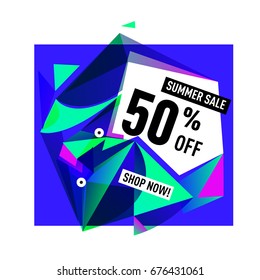 Summer sale geometric style web banner. Fashion and travel discount. Vector holiday Abstract colorful illustration with special offers and promotions.