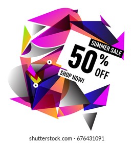 Summer sale geometric style web banner. Fashion and travel discount. Vector holiday Abstract colorful illustration with special offers and promotions.
