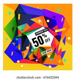 Summer sale geometric style web banner. Fashion and travel discount. Vector holiday Abstract colorful illustration with special offers and promotions.