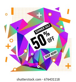 Summer sale geometric style web banner. Fashion and travel discount. Vector holiday Abstract colorful illustration with special offers and promotions.