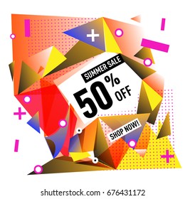 Summer sale geometric style web banner. Fashion and travel discount. Vector holiday Abstract colorful illustration with special offers and promotions.