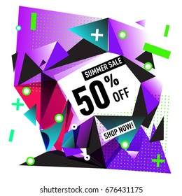 Summer sale geometric style web banner. Fashion and travel discount. Vector holiday Abstract colorful illustration with special offers and promotions.