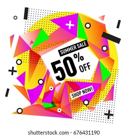 Summer sale geometric style web banner. Fashion and travel discount. Vector holiday Abstract colorful illustration with special offers and promotions.