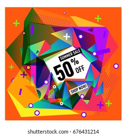 Summer sale geometric style web banner. Fashion and travel discount. Vector holiday Abstract colorful illustration with special offers and promotions.