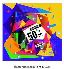 Summer sale geometric style web banner. Fashion and travel discount. Vector holiday Abstract colorful illustration with special offers and promotions.