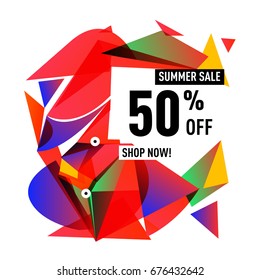 Summer sale geometric style web banner. Fashion and travel discount. Vector holiday Abstract colorful illustration with special offers and promotions.