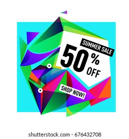 Summer sale geometric style web banner. Fashion and travel discount. Vector holiday Abstract colorful illustration with special offers and promotions.