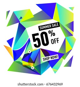 Summer sale geometric style web banner. Fashion and travel discount. Vector holiday Abstract colorful illustration with special offers and promotions.