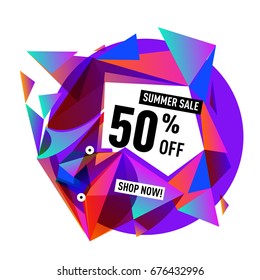 Summer sale geometric style web banner. Fashion and travel discount. Vector holiday Abstract colorful illustration with special offers and promotions.