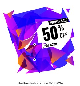 Summer sale geometric style web banner. Fashion and travel discount. Vector holiday Abstract colorful illustration with special offers and promotions.