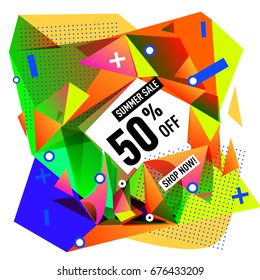 Summer sale geometric style web banner. Fashion and travel discount. Vector holiday Abstract colorful illustration with special offers and promotions.