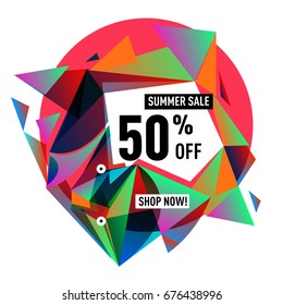 Summer sale geometric style web banner. Fashion and travel discount. Vector holiday Abstract colorful illustration with special offers and promotions.